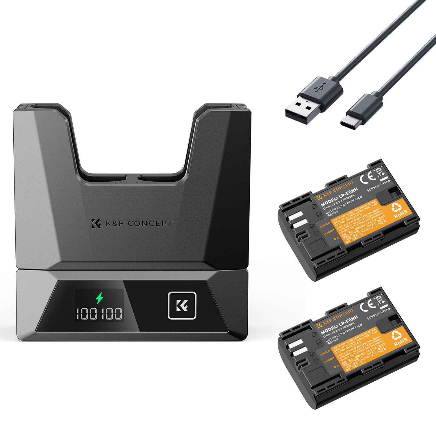 K&F Concept 2-Pack 2600mAh LP-E6NH Battery and 18W Charger Compatible with Canon EOS R7, R5, R6, R, 5D Mark II/III/IV, 6D, 6D Mark II, 90D, 60D, 70D, 80D Cameras