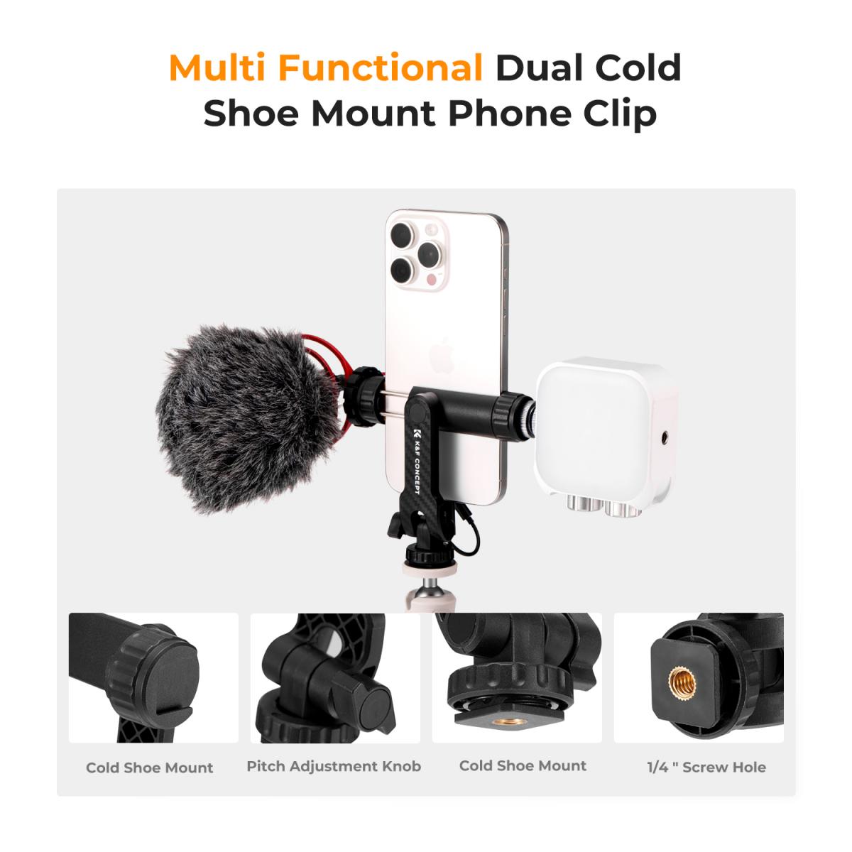 K&F Concept Cell Phone Holder Clamp With Two Cold Shoe Mount 360° Adjustment (KF31.084)