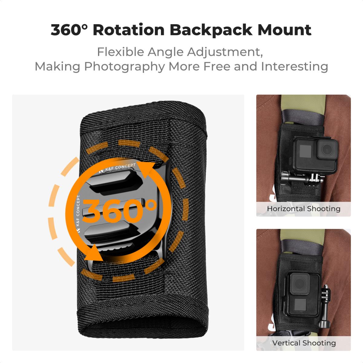K&F Concept Backpack Belt Shoulder Strap Mount Compatible with GoPro . DJI Osmo Action 5 Pro/4/3 and More Action Camera, 360° Rotation