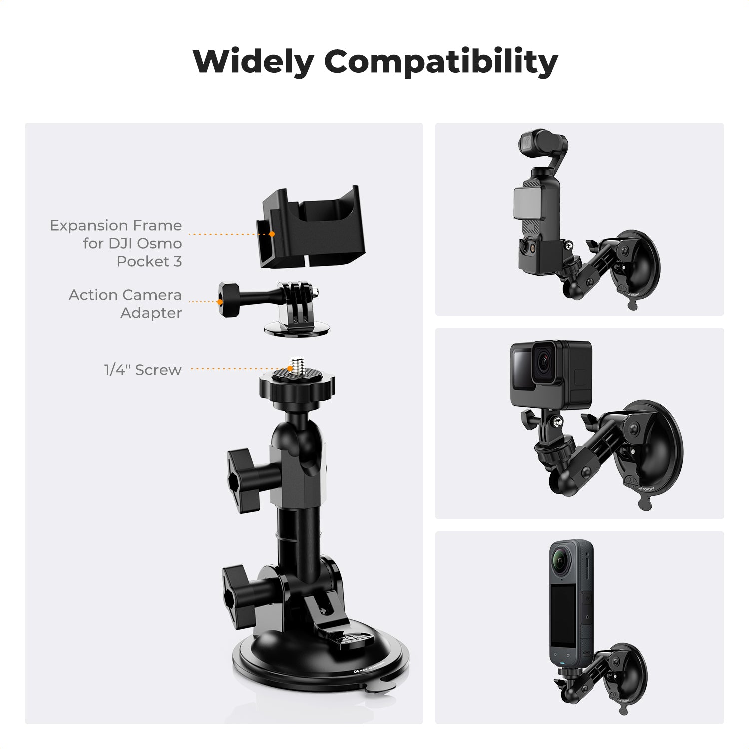 K&F Suction Cup Mount for DJI Osmo Pocket 3, Car Windshield Window Dash Mount Holder for GoPro Hero 13/12/11/10/9 Black, DJI Osmo Action 3/4/5 Pro, Insta360 X5/X4 Accessories