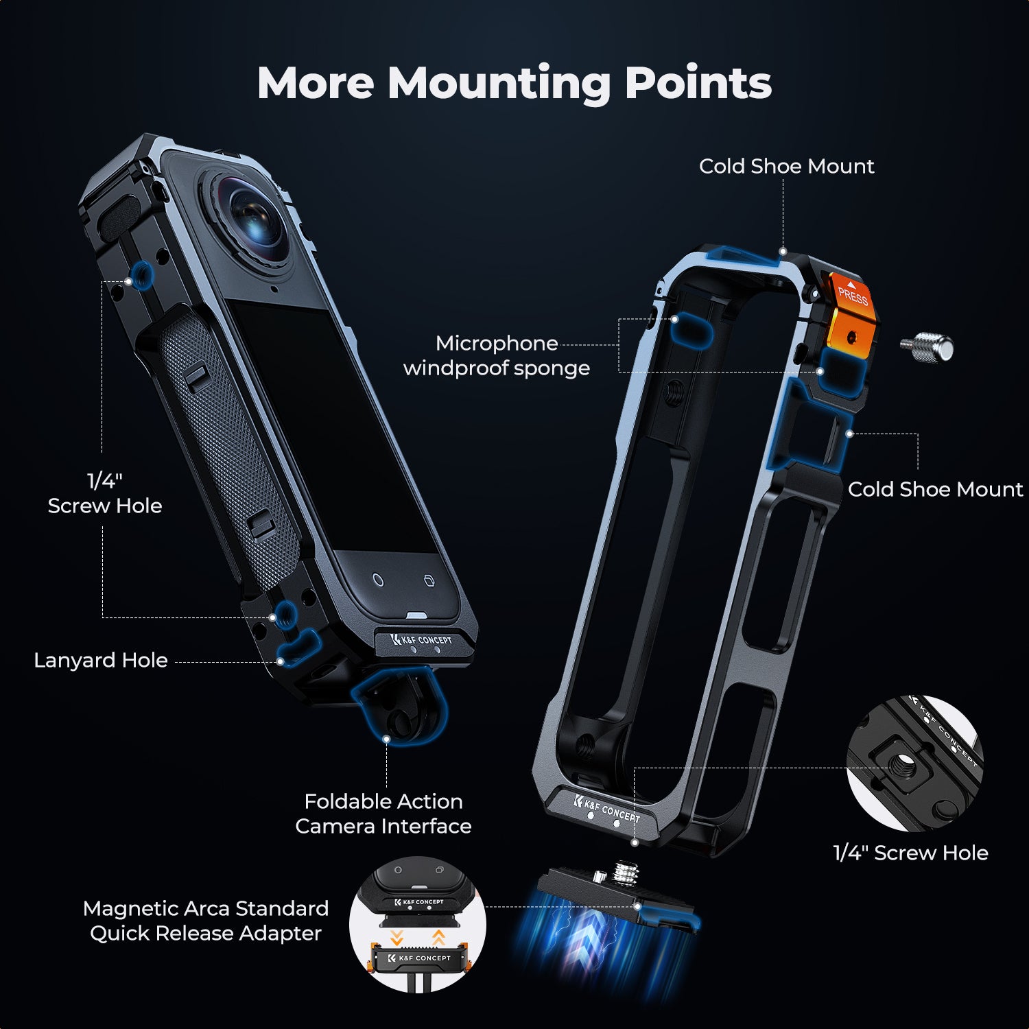 K&F Concept Camera Cage for Insta360 X5, Durable Aluminum Alloy Protective Case with Quick Release Knob, Built-in Cold Shoe Mounts and 1/4