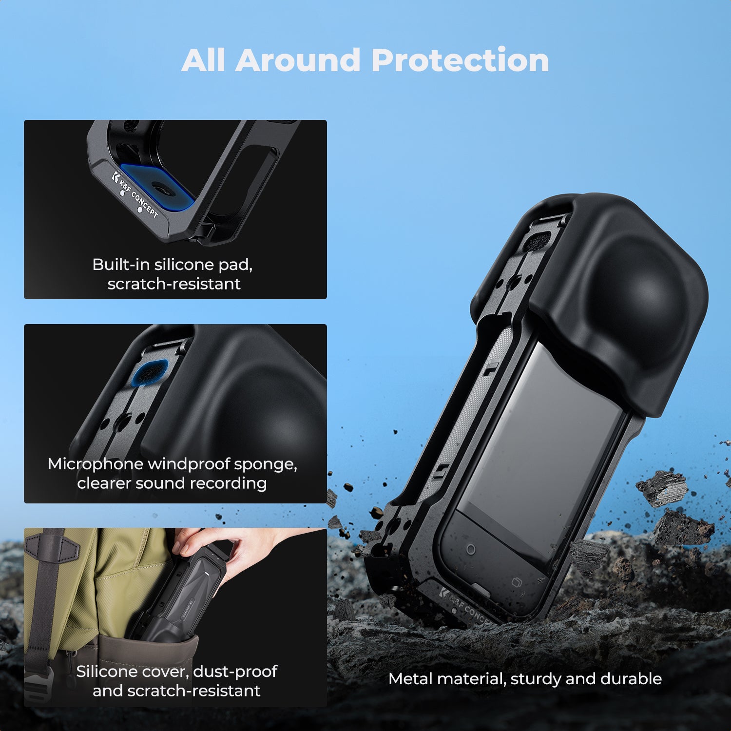 K&F Concept Camera Cage for Insta360 X5, Durable Aluminum Alloy Protective Case with Quick Release Knob, Built-in Cold Shoe Mounts and 1/4