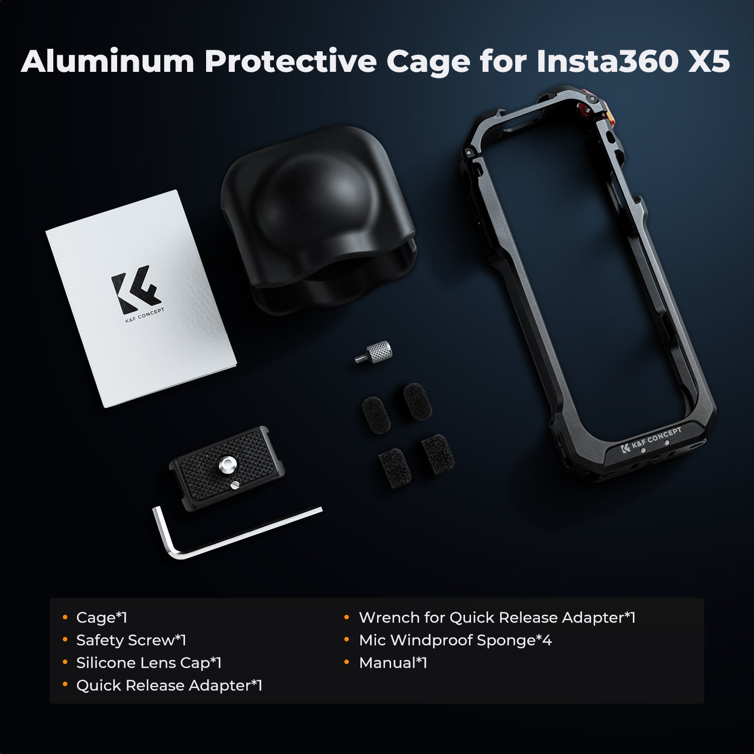 K&F Concept Camera Cage for Insta360 X5, Durable Aluminum Alloy Protective Case with Quick Release Knob, Built-in Cold Shoe Mounts and 1/4