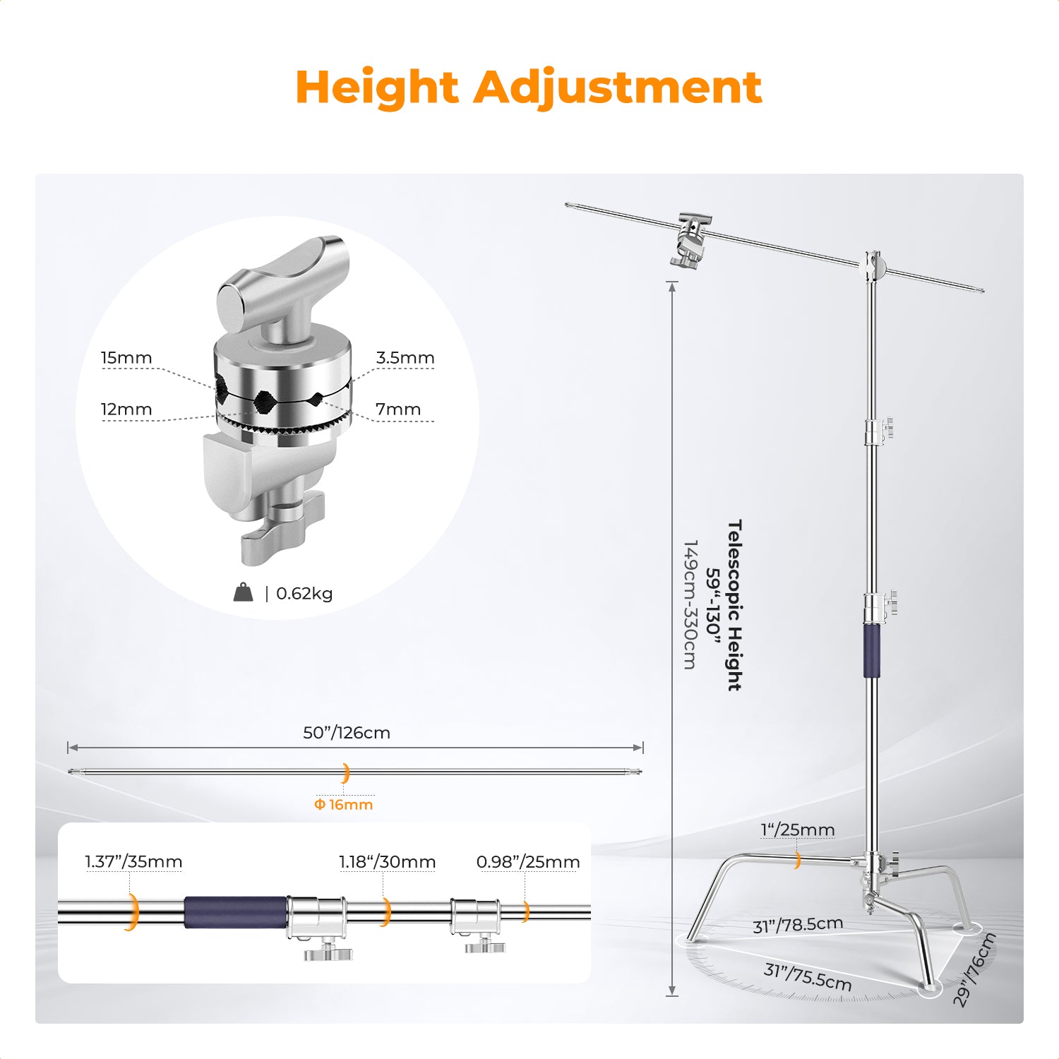 K&F 3.3m C Stand stainless steel+center pole +crossbar + sandbag