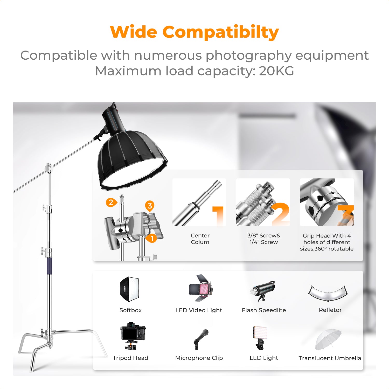 K&F 3.3m C Stand stainless steel+center pole +crossbar + sandbag