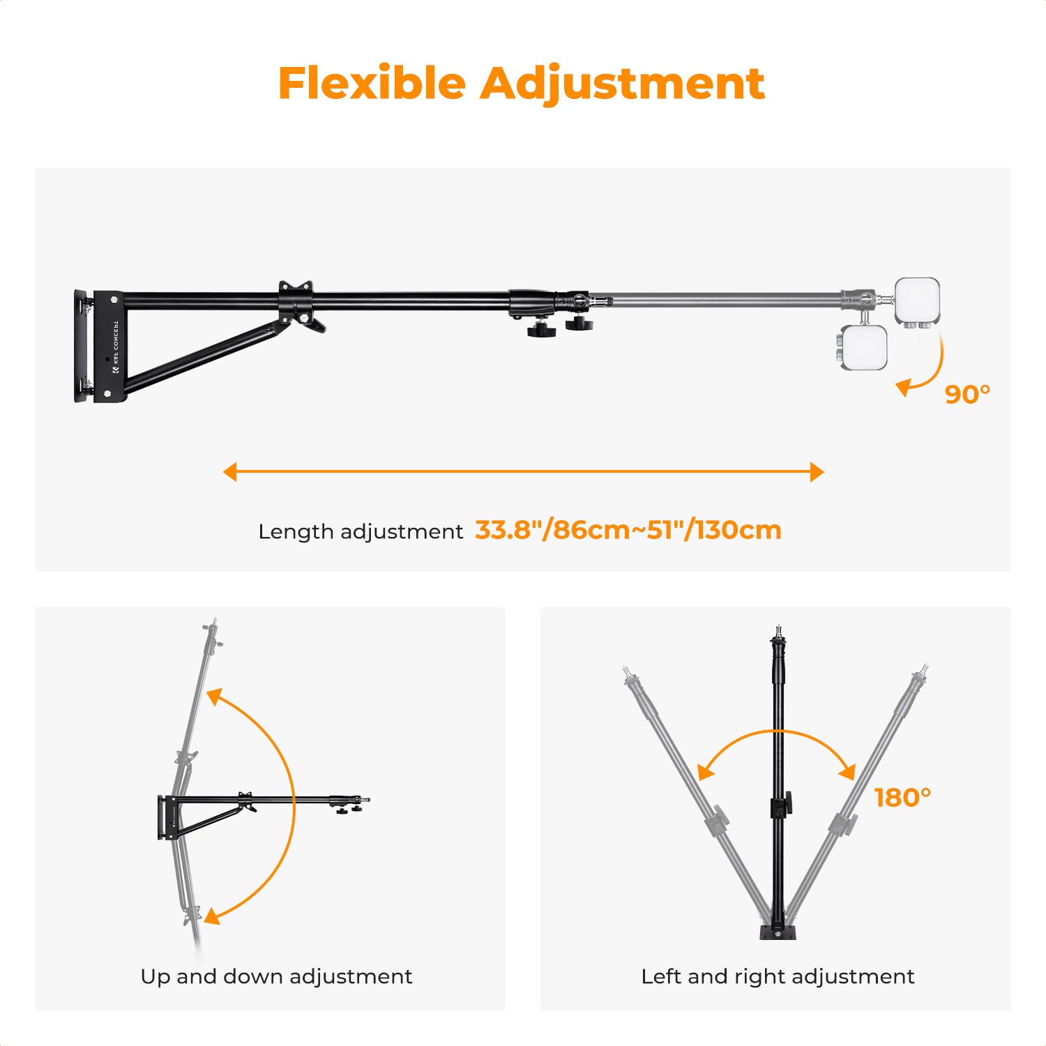K&F 130cm Wall-Mounted Triangle Boom Arm – 180° Adjustable for Ring Lights, Video Lighting, Cameras, and Softboxes