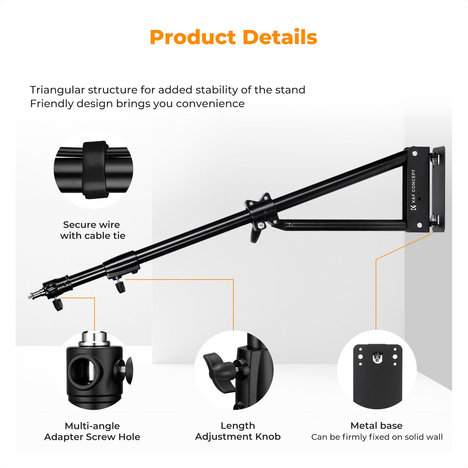 K&F 130cm Wall-Mounted Triangle Boom Arm – 180° Adjustable for Ring Lights, Video Lighting, Cameras, and Softboxes