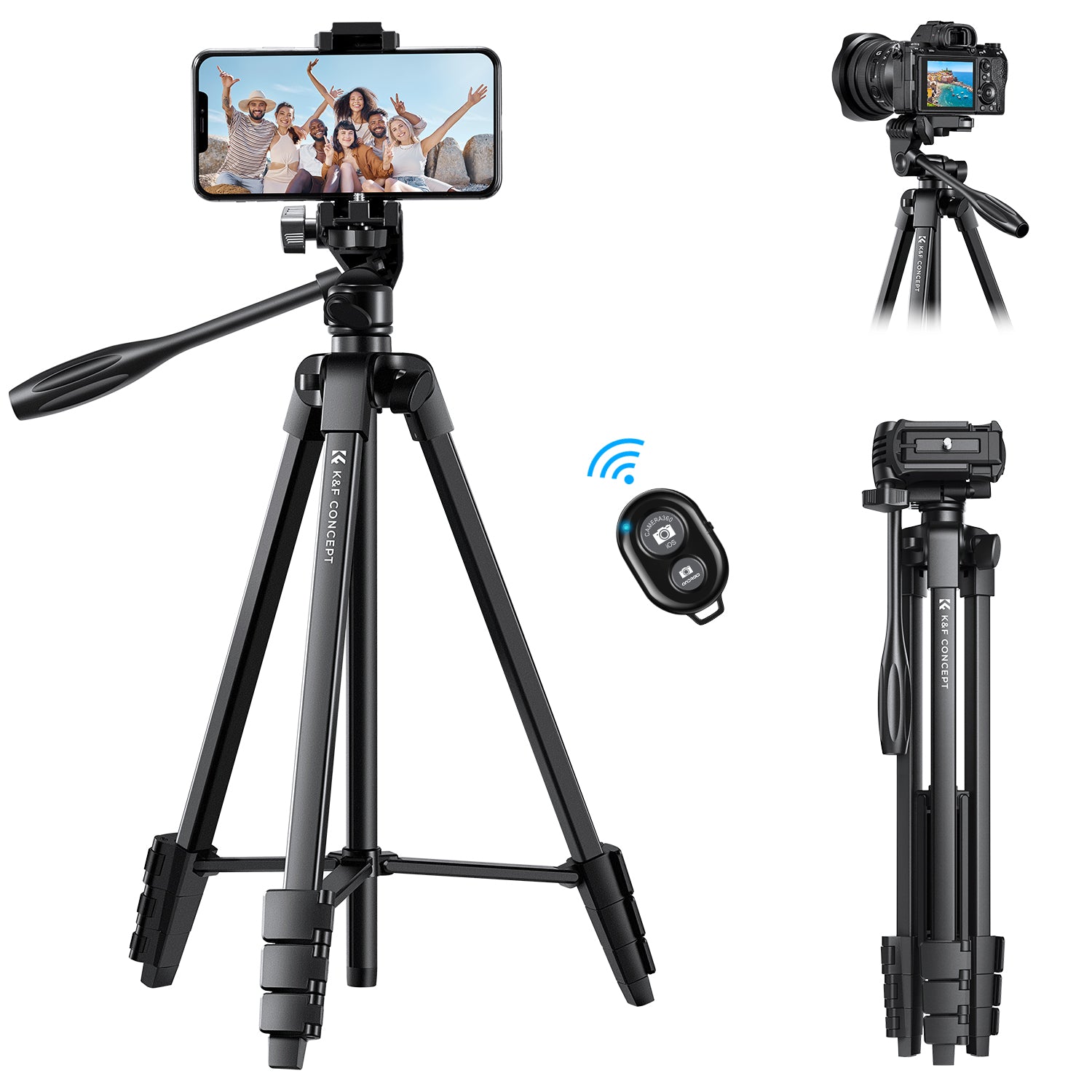 K&F 1.5 m Aluminum Travel Tripod with Bluetooth Remote and Adjustable Height (17-60 inches) - Lightweight (0.61kg), 360° Panorama, Compact Fold (42cm) - Ideal for B174A1 Travel and Outdoors