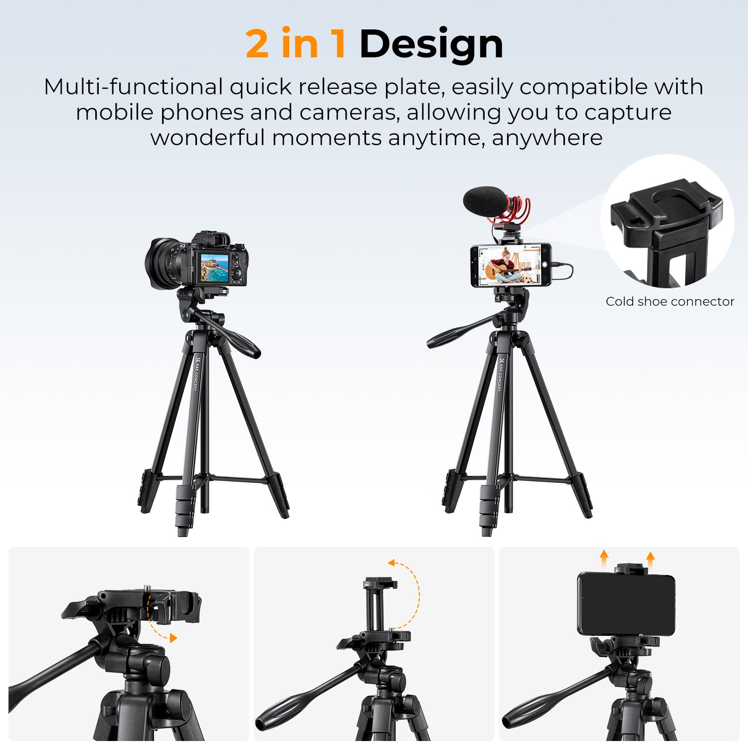 K&F 1.5 m Aluminum Travel Tripod with Bluetooth Remote and Adjustable Height (17-60 inches) - Lightweight (0.61kg), 360° Panorama, Compact Fold (42cm) - Ideal for B174A1 Travel and Outdoors