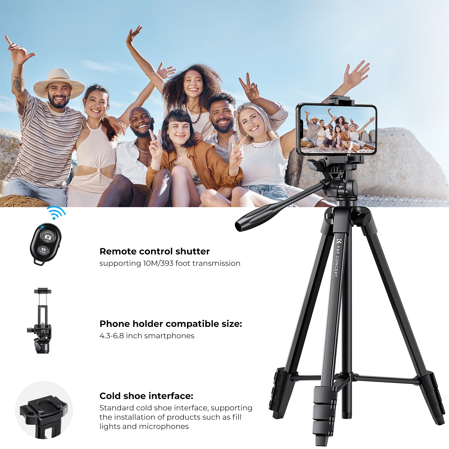 K&F 1.5 m Aluminum Travel Tripod with Bluetooth Remote and Adjustable Height (17-60 inches) - Lightweight (0.61kg), 360° Panorama, Compact Fold (42cm) - Ideal for B174A1 Travel and Outdoors