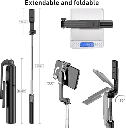Omfoo R1s Professional Selfie Stick for Mobile Phone 3-in-1 Multifunctional Stick Portable Tripod Stand for Travelling/YouTube Vlog Video/Travelling/for Compatible with All Smartphones (70 cm)