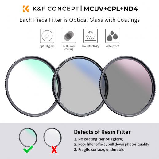 67mm 3pcs Slim Lens Filter Kit (MCUV + CPL + ND4) + Lens Cleaning Cloth + Filter Pouch Nano-Klear