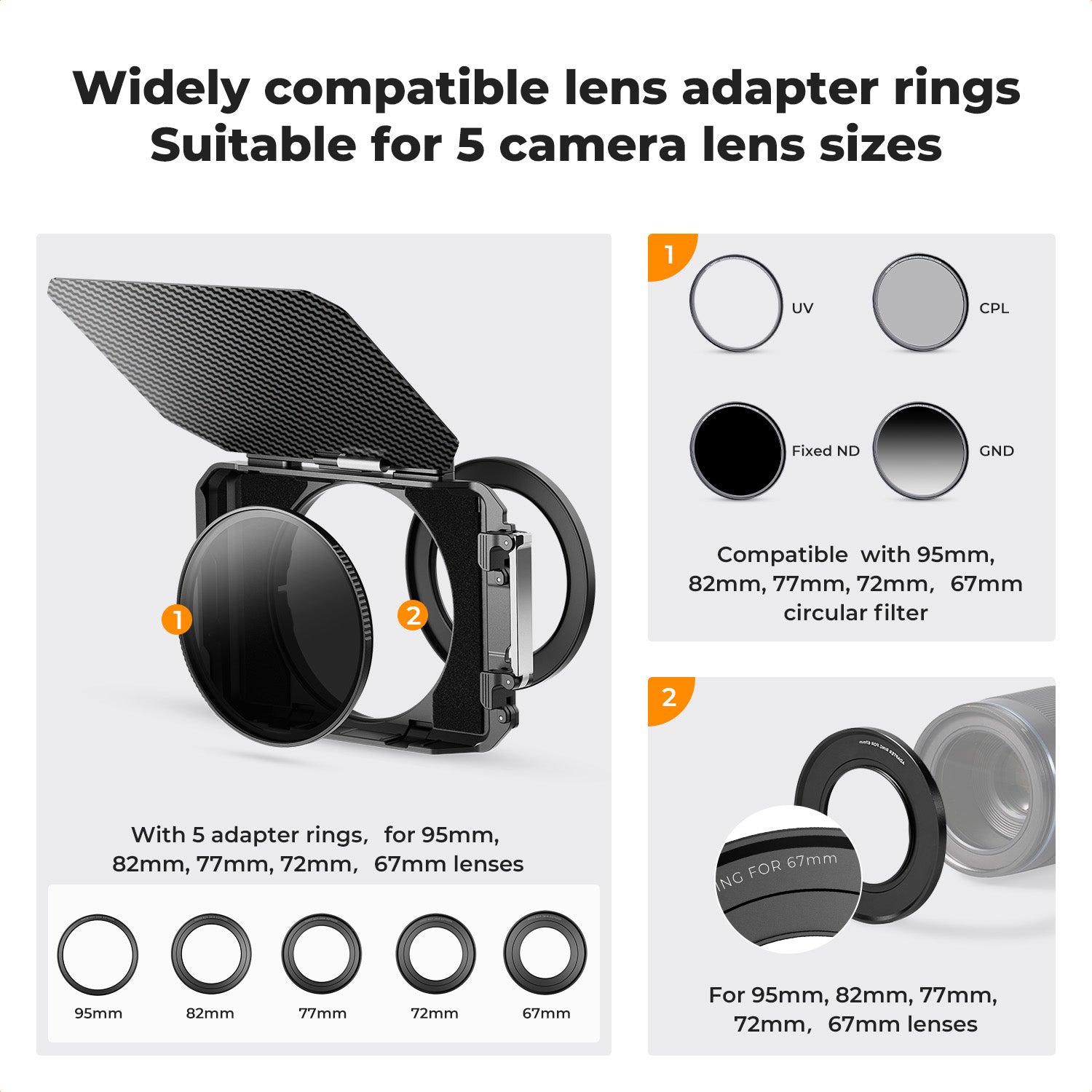 K&F Matte Box Kit with 2 Lens Frames and 67/72/77/82/95mm Adapter, Suitable for 4x5.65