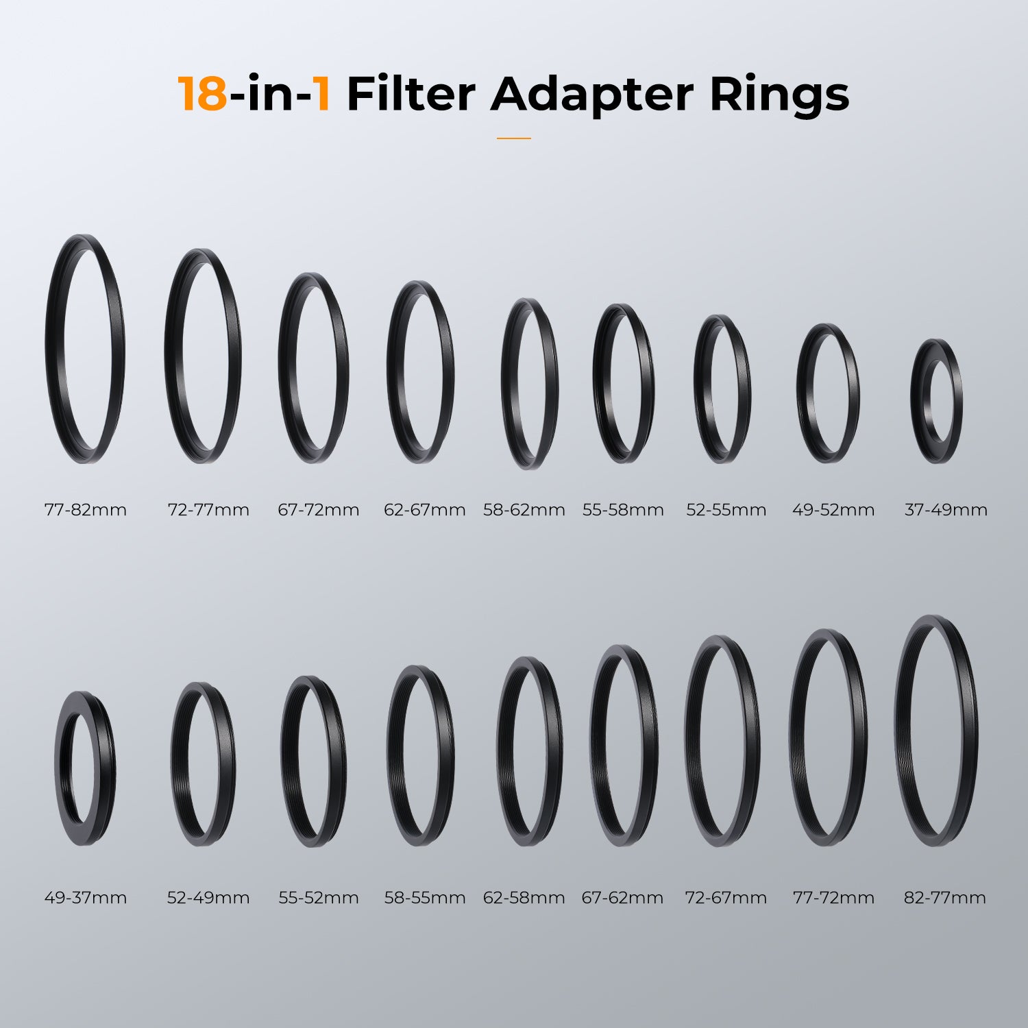 18 Pieces Filter Ring Adapter Set, Camera Lens Filter Metal Stepping Rings Kit (Includes 9pcs Step Up Ring Set + 9pcs Step Down Ring Set)