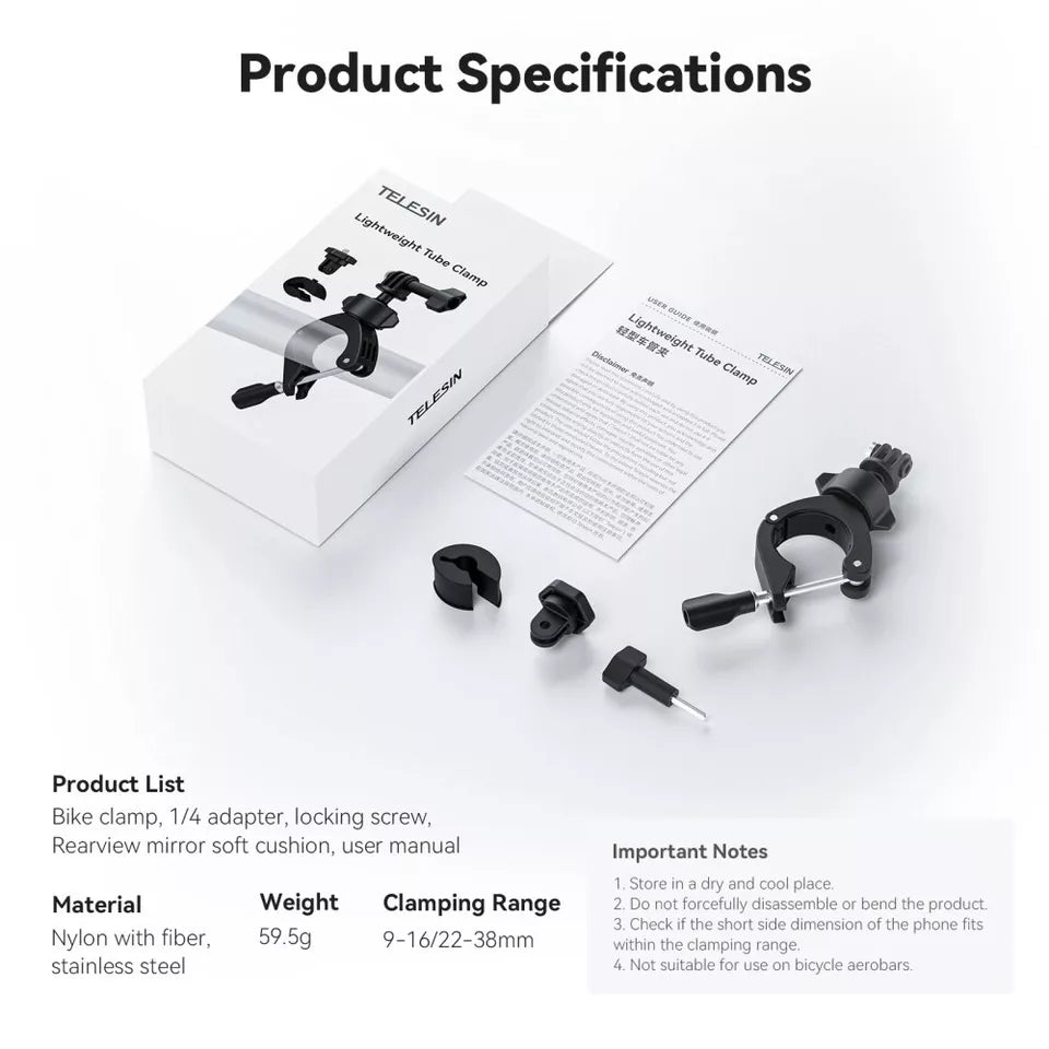 TELESIN 360° Super Cycling Tube Clamp Clip For GoPro DJI OSMO Action Insta360